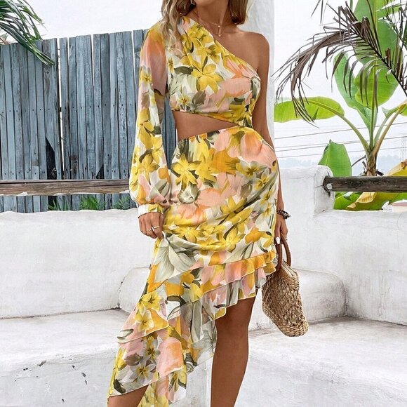 Multicolor Preppy Women's Beach Outfits One-Shoulder Romantic Print Floral Dress - Picture 2 of 6